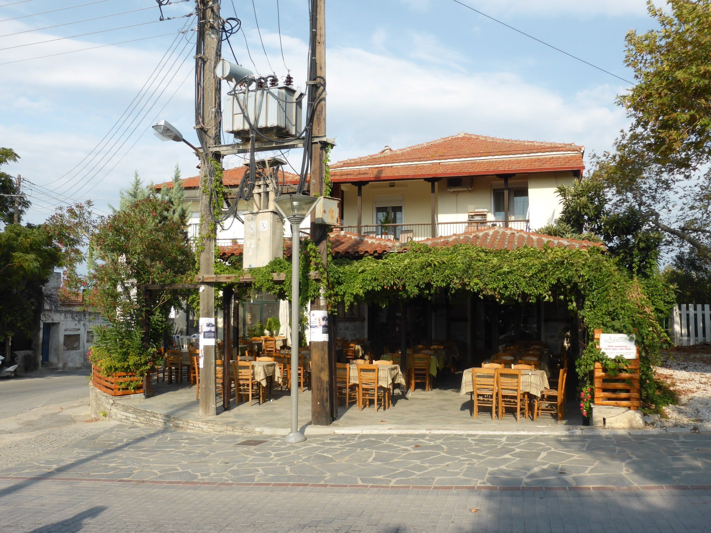 Outdoor tables beneath a leafy veranda at a traditional taverna in Nikiti